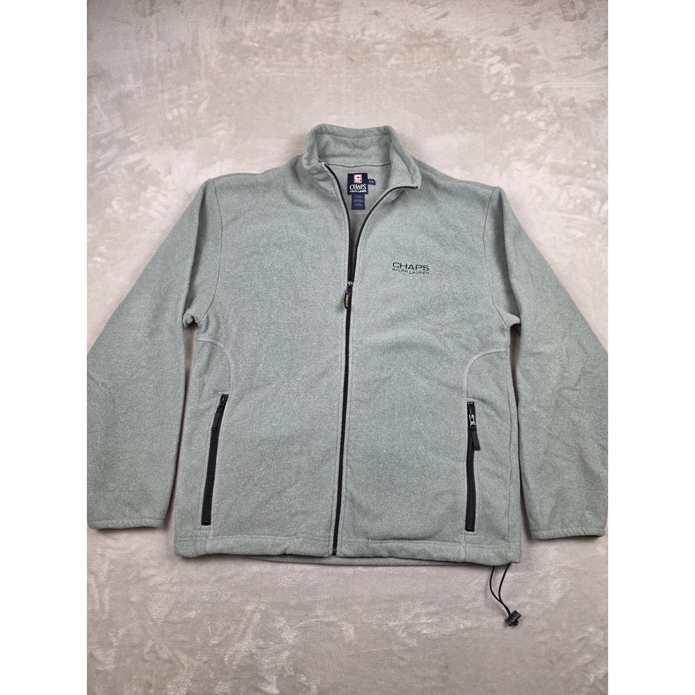 Chaps Fleece Jacket Mens Large Gray‎ Full Zip Mock Neck Embroidered Logo Pocket
